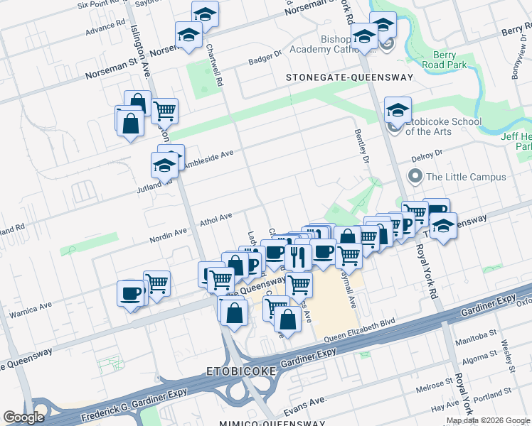 map of restaurants, bars, coffee shops, grocery stores, and more near 45 Chartwell Road in Toronto