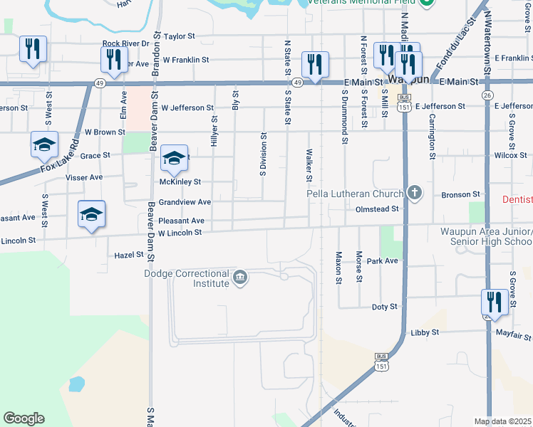 map of restaurants, bars, coffee shops, grocery stores, and more near 216 Pleasant Avenue in Waupun