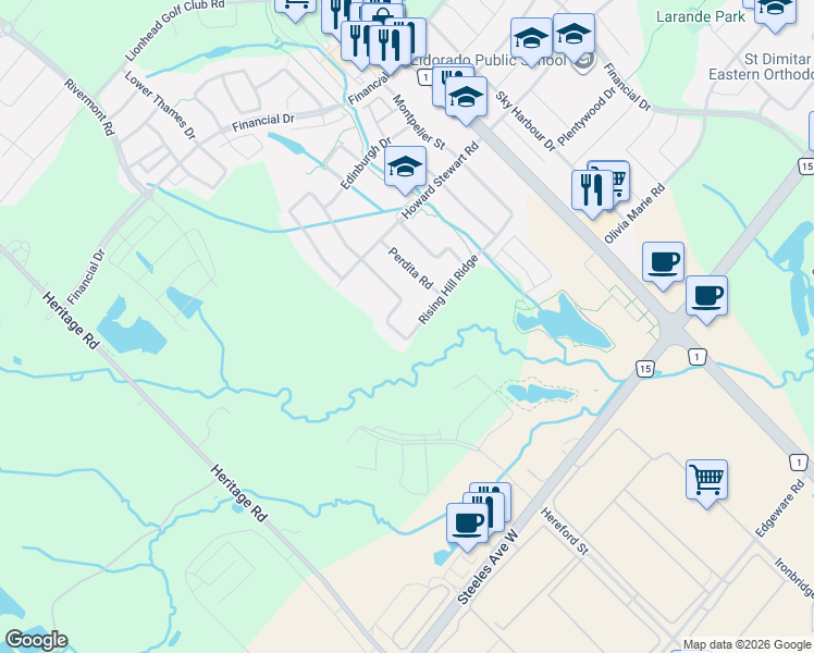map of restaurants, bars, coffee shops, grocery stores, and more near 106 Rising Hill Ridge in Brampton