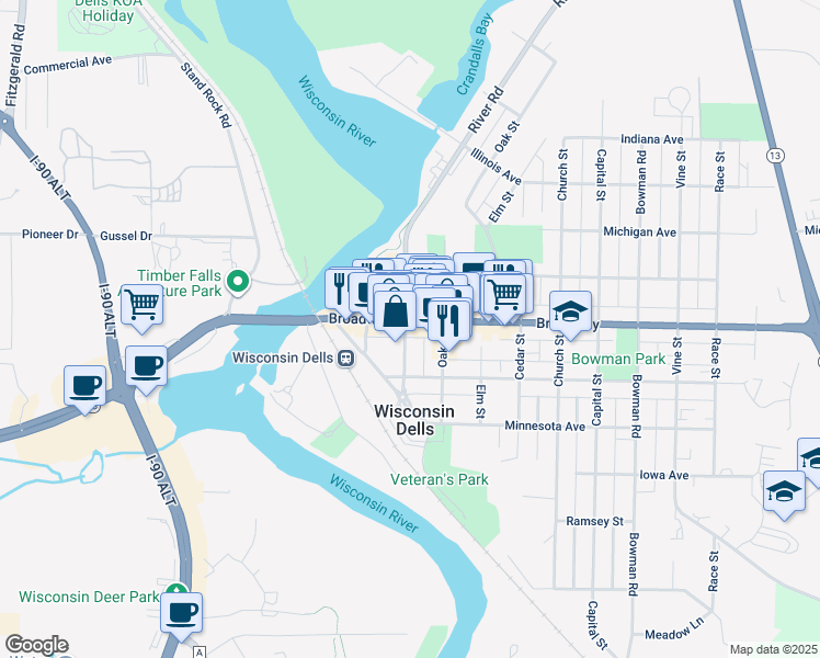 map of restaurants, bars, coffee shops, grocery stores, and more near 202 Broadway in Wisconsin Dells