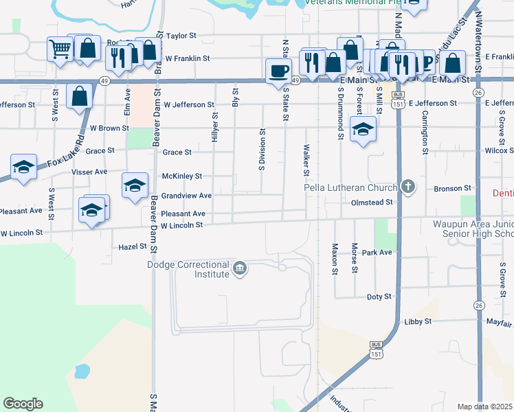 map of restaurants, bars, coffee shops, grocery stores, and more near 216 Pleasant Ave in Waupun