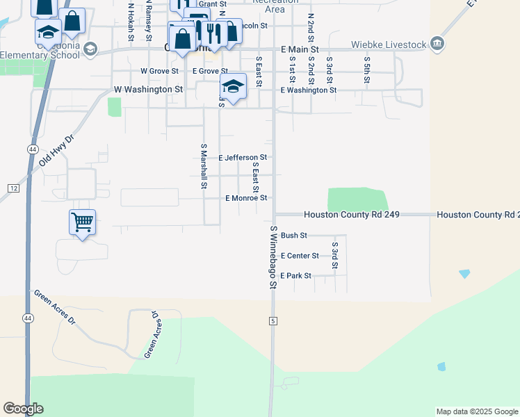 map of restaurants, bars, coffee shops, grocery stores, and more near 819 South East Street in Caledonia