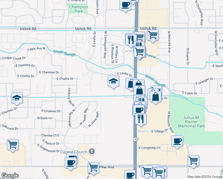 map of restaurants, bars, coffee shops, grocery stores, and more near 2900 East River Valley Street in Meridian