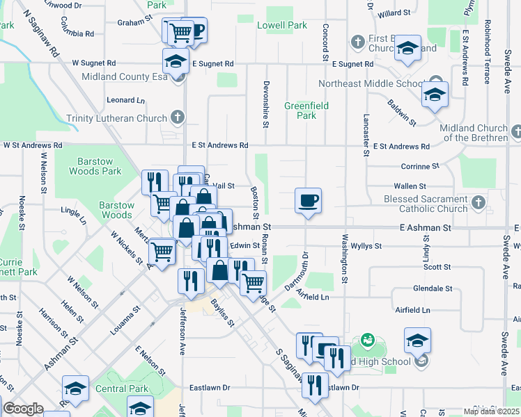 map of restaurants, bars, coffee shops, grocery stores, and more near 3114 Boston Street in Midland