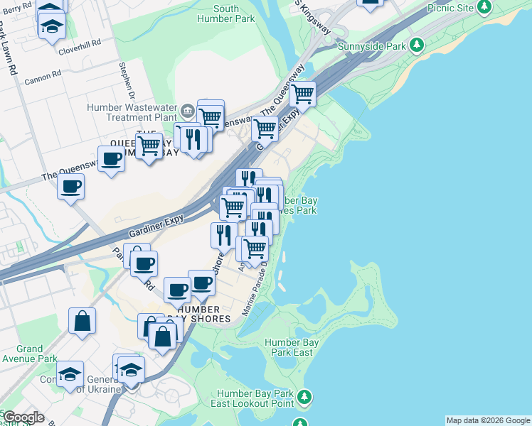 map of restaurants, bars, coffee shops, grocery stores, and more near 58 Marine Parade Drive in Toronto