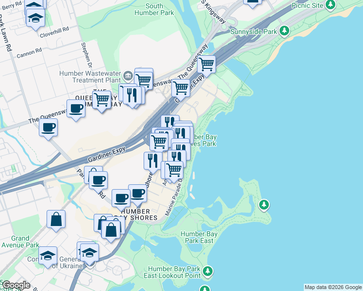 map of restaurants, bars, coffee shops, grocery stores, and more near 2119 Lake Shore Boulevard West in Toronto