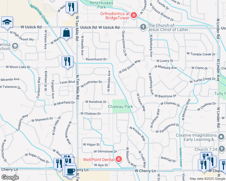 map of restaurants, bars, coffee shops, grocery stores, and more near 2499 North Man O War Avenue in Meridian