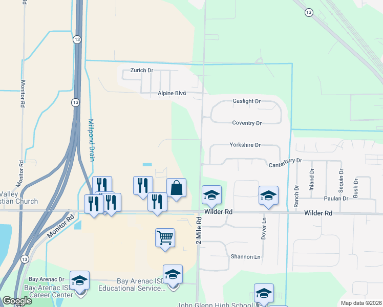 map of restaurants, bars, coffee shops, grocery stores, and more near 3884 2 Mile Road in Bay City