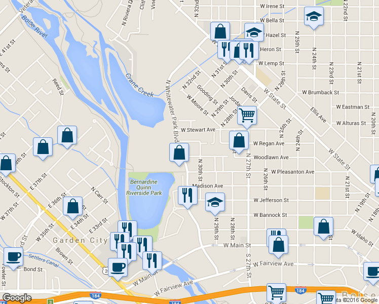 map of restaurants, bars, coffee shops, grocery stores, and more near 3016 Woodlawn Avenue in Boise