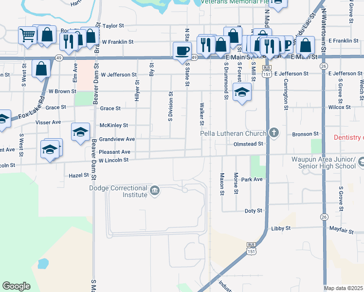 map of restaurants, bars, coffee shops, grocery stores, and more near 200 Pleasant Ave in Waupun