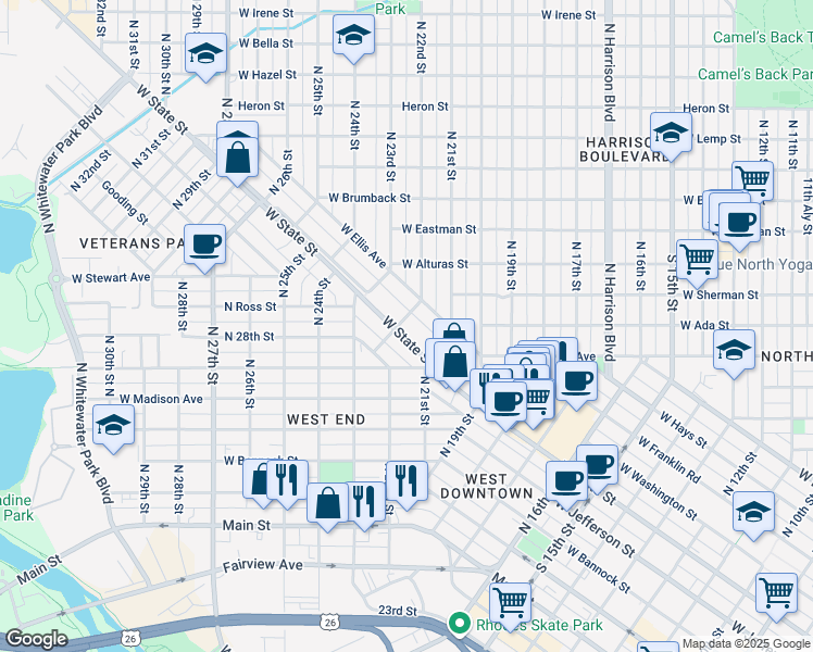 map of restaurants, bars, coffee shops, grocery stores, and more near 2205 West State Street in Boise
