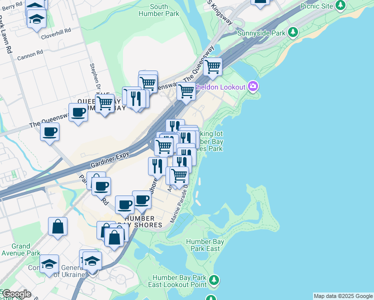 map of restaurants, bars, coffee shops, grocery stores, and more near 2119 Lake Shore Boulevard West in Toronto