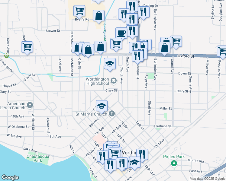 map of restaurants, bars, coffee shops, grocery stores, and more near 1211 Clary Street in Worthington