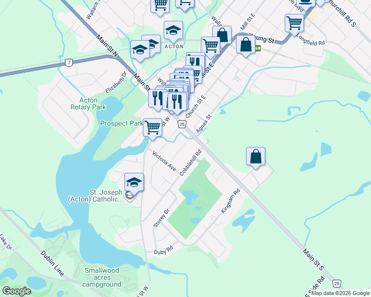 map of restaurants, bars, coffee shops, grocery stores, and more near 26 Brock Street in Halton Hills