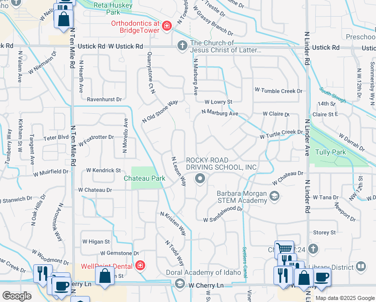 map of restaurants, bars, coffee shops, grocery stores, and more near 2496 N Waterstone Way in Meridian