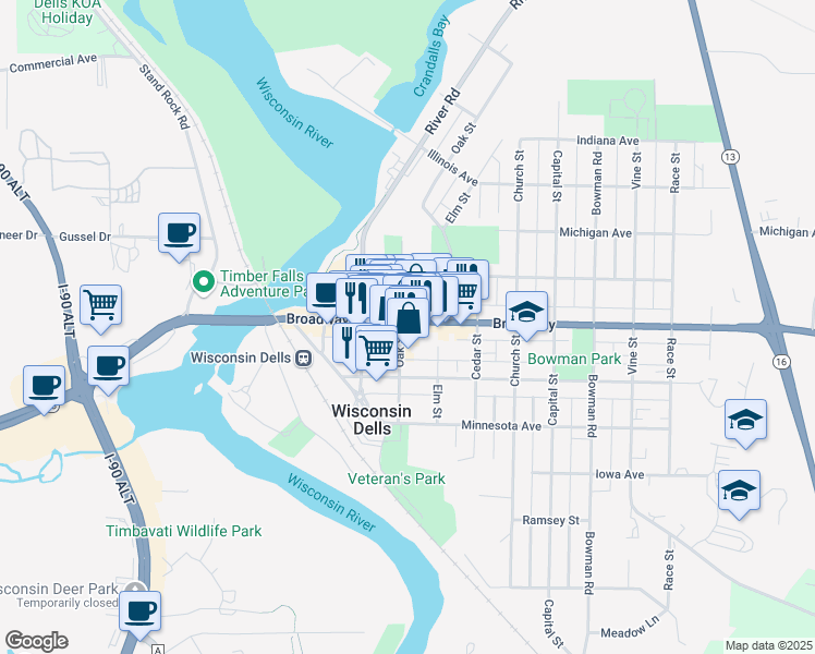 map of restaurants, bars, coffee shops, grocery stores, and more near 304 State Highway 13 in Wisconsin Dells