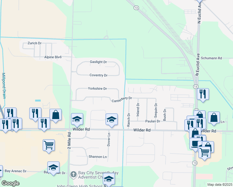 map of restaurants, bars, coffee shops, grocery stores, and more near 3178 Yorkshire Drive in Bay City