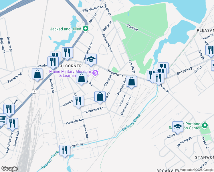 map of restaurants, bars, coffee shops, grocery stores, and more near 44 Strout Street in South Portland