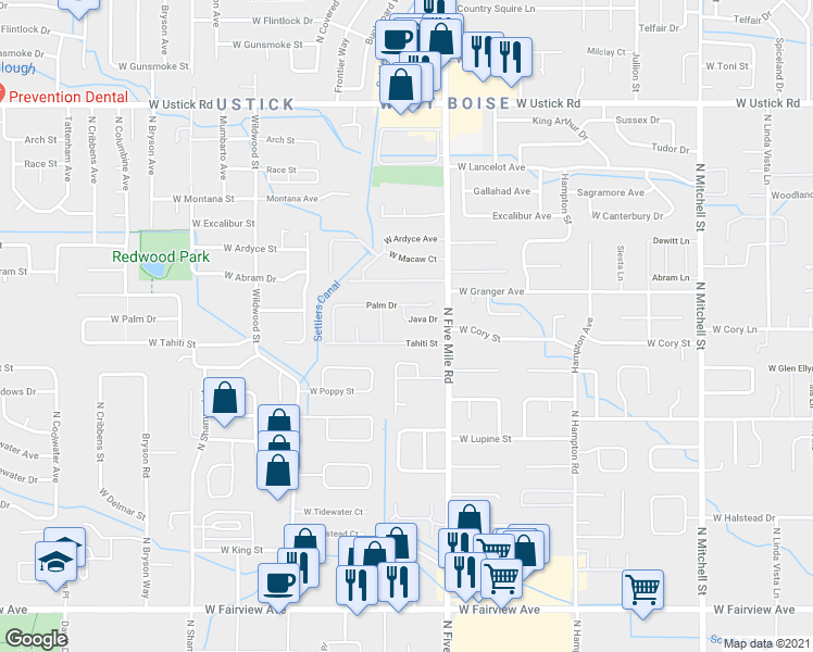 map of restaurants, bars, coffee shops, grocery stores, and more near 10721 Java Drive in Boise