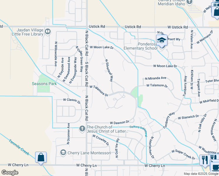 map of restaurants, bars, coffee shops, grocery stores, and more near 2511 North Silverleaf Way in Meridian