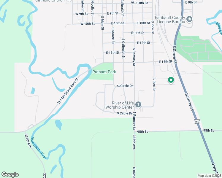 map of restaurants, bars, coffee shops, grocery stores, and more near 104 West Circle Drive in Blue Earth