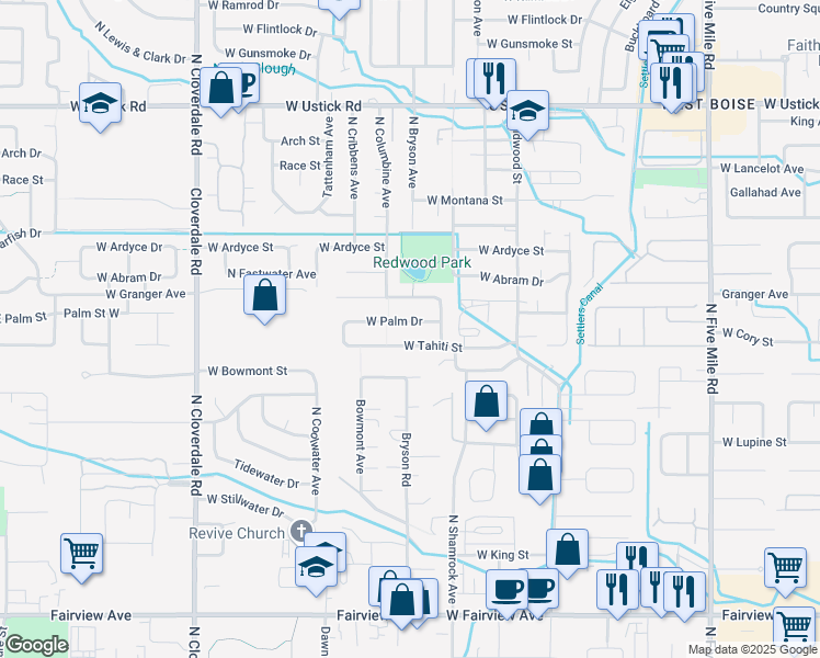 map of restaurants, bars, coffee shops, grocery stores, and more near 11541 West Palm Street in Boise