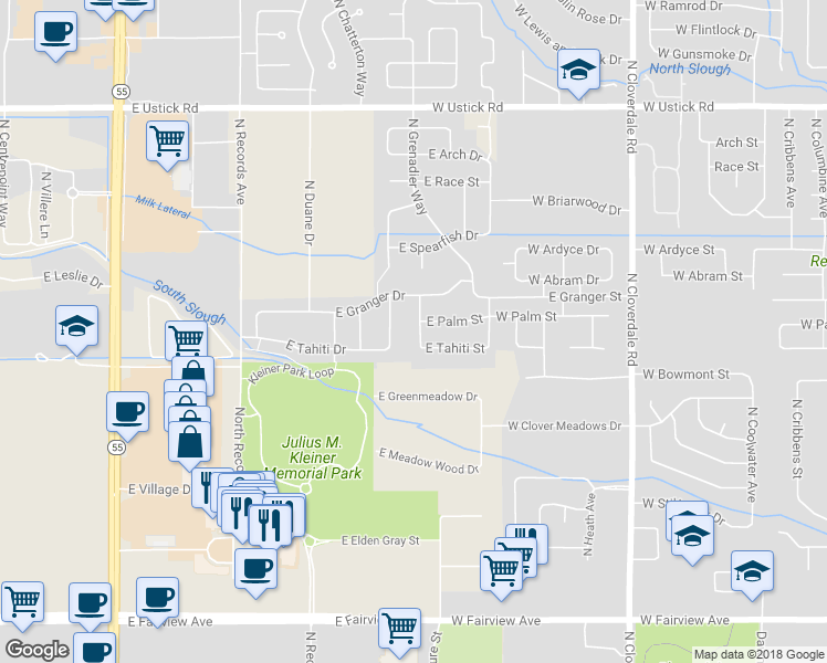 map of restaurants, bars, coffee shops, grocery stores, and more near 2505 North Wallingford Avenue in Meridian