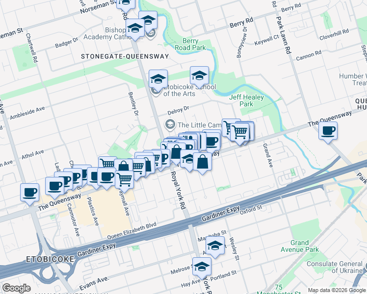 map of restaurants, bars, coffee shops, grocery stores, and more near 17 Rosemeade Avenue in Toronto