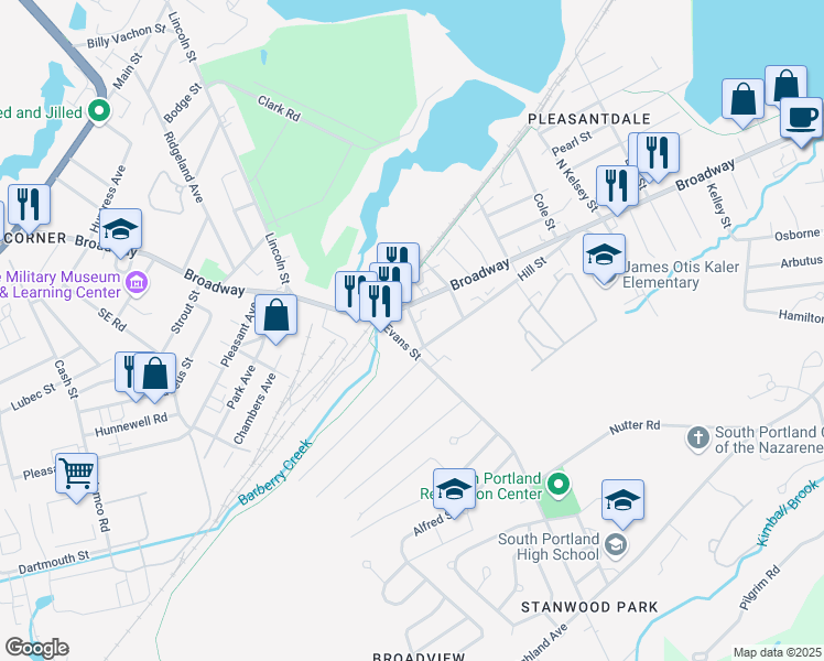 map of restaurants, bars, coffee shops, grocery stores, and more near 19 Lemont Avenue in South Portland