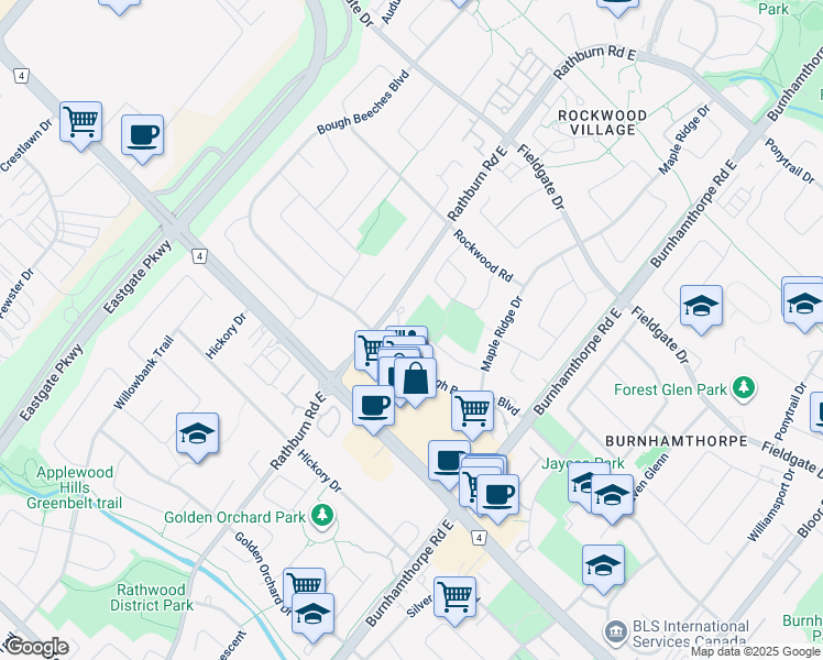 map of restaurants, bars, coffee shops, grocery stores, and more near 4151 Ottewell Crescent in Mississauga