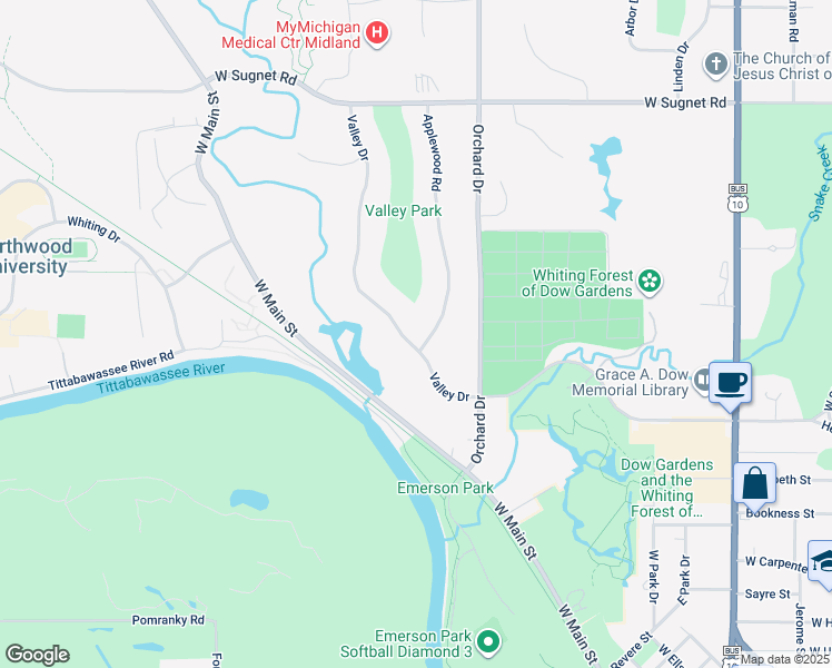 map of restaurants, bars, coffee shops, grocery stores, and more near 3101 Applewood Road in Midland