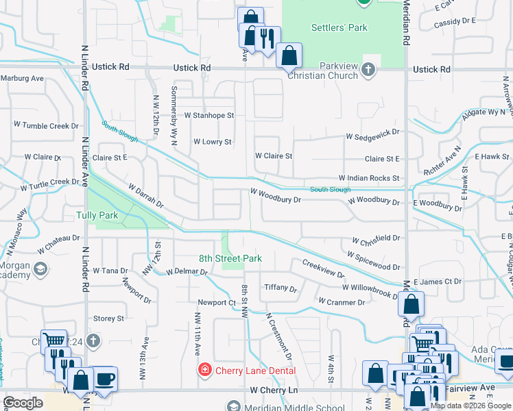 map of restaurants, bars, coffee shops, grocery stores, and more near 2611 North Ridgebury Way in Meridian