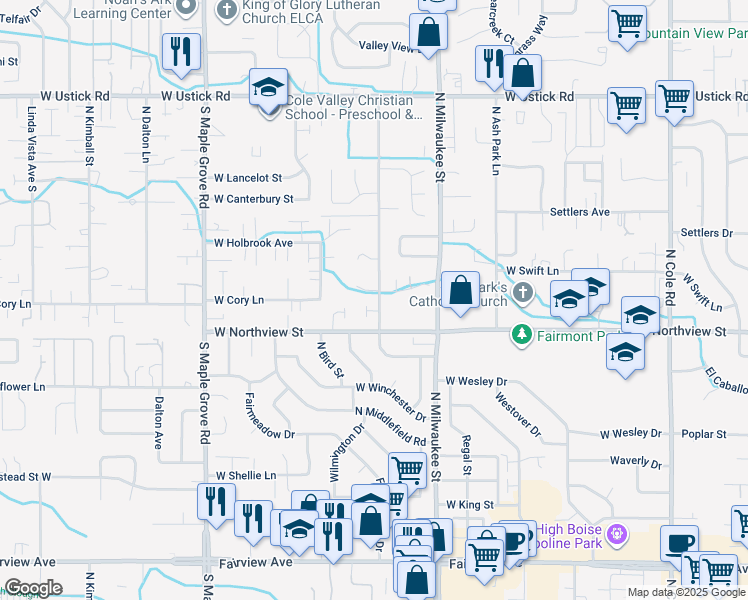 map of restaurants, bars, coffee shops, grocery stores, and more near 8458 West Gecko Court in Boise