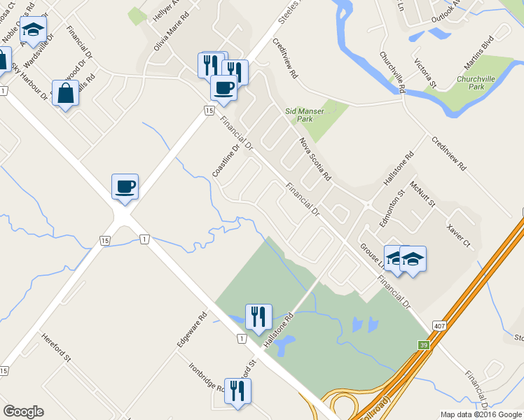 map of restaurants, bars, coffee shops, grocery stores, and more near Coastline Drive in Brampton