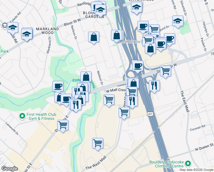 map of restaurants, bars, coffee shops, grocery stores, and more near 916 Dundas Street West in Toronto