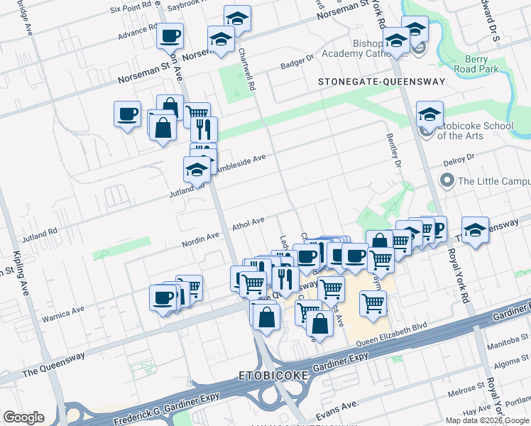 map of restaurants, bars, coffee shops, grocery stores, and more near 36 Athol Avenue in Toronto