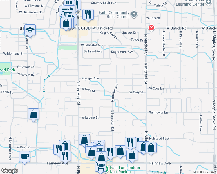 map of restaurants, bars, coffee shops, grocery stores, and more near 2492 North Armstrong Place in Boise