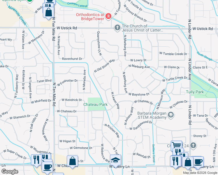 map of restaurants, bars, coffee shops, grocery stores, and more near 2519 North Leann Way in Meridian