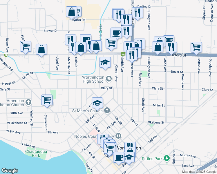 map of restaurants, bars, coffee shops, grocery stores, and more near 1211 Clary Street in Worthington