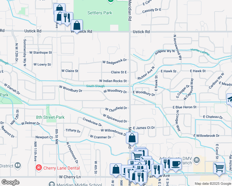 map of restaurants, bars, coffee shops, grocery stores, and more near 153 West Woodbury Drive in Meridian