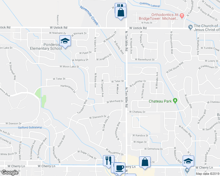map of restaurants, bars, coffee shops, grocery stores, and more near 3404 West Monessen Lane in Meridian