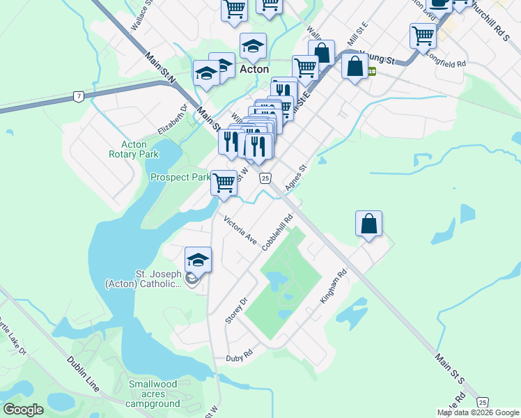 map of restaurants, bars, coffee shops, grocery stores, and more near 31 Brock Street in Acton