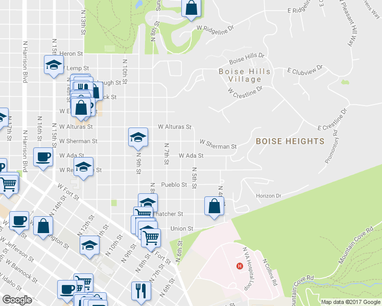 map of restaurants, bars, coffee shops, grocery stores, and more near 504 West Ada Street in Boise