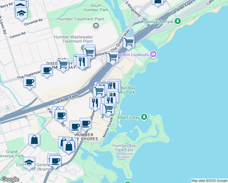 map of restaurants, bars, coffee shops, grocery stores, and more near 58 Marine Parade Drive in Toronto