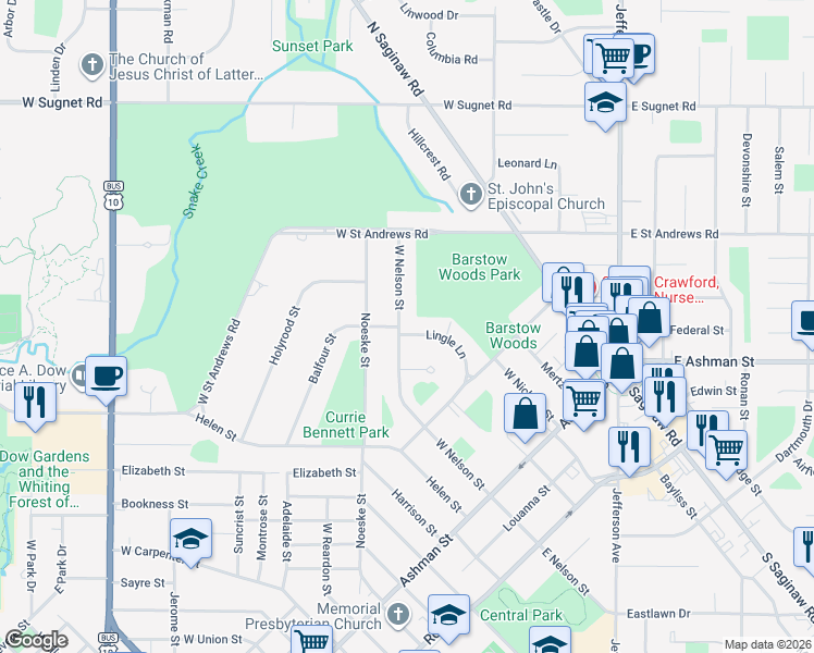 map of restaurants, bars, coffee shops, grocery stores, and more near 3200 West Nelson Street in Midland