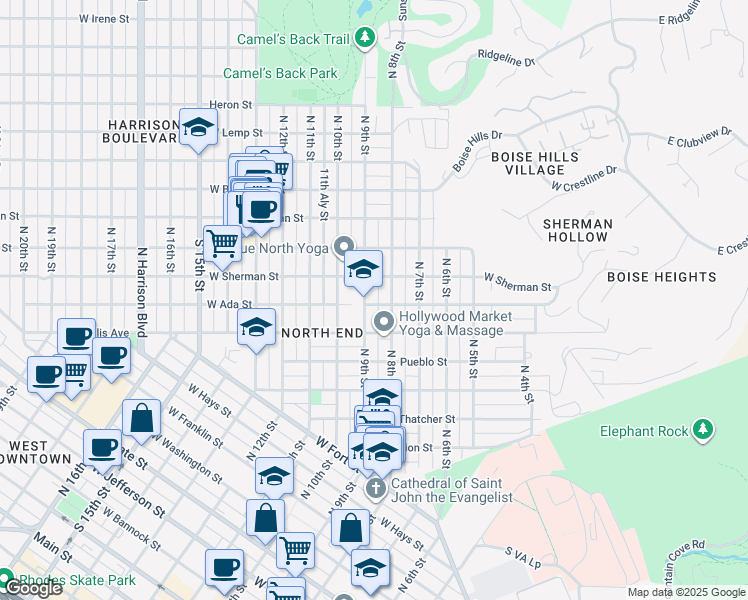map of restaurants, bars, coffee shops, grocery stores, and more near 1504 North 9th Street in Boise