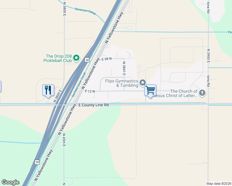 map of restaurants, bars, coffee shops, grocery stores, and more near 3852 E 12 N in Rigby
