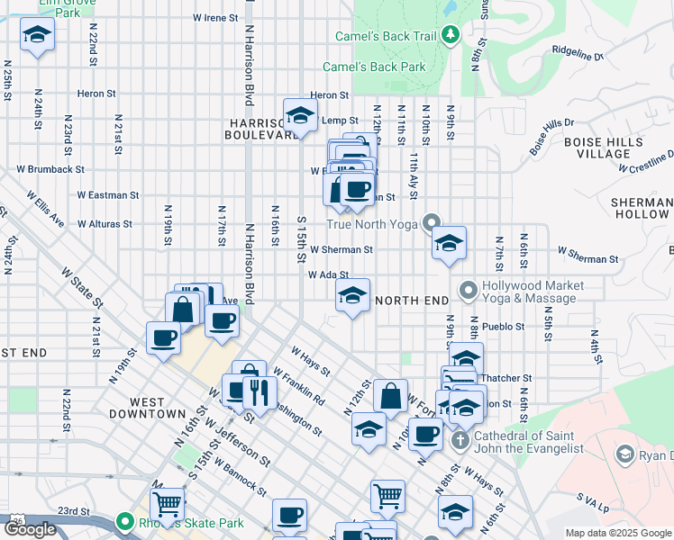 map of restaurants, bars, coffee shops, grocery stores, and more near 1219 North 13th Street in Boise