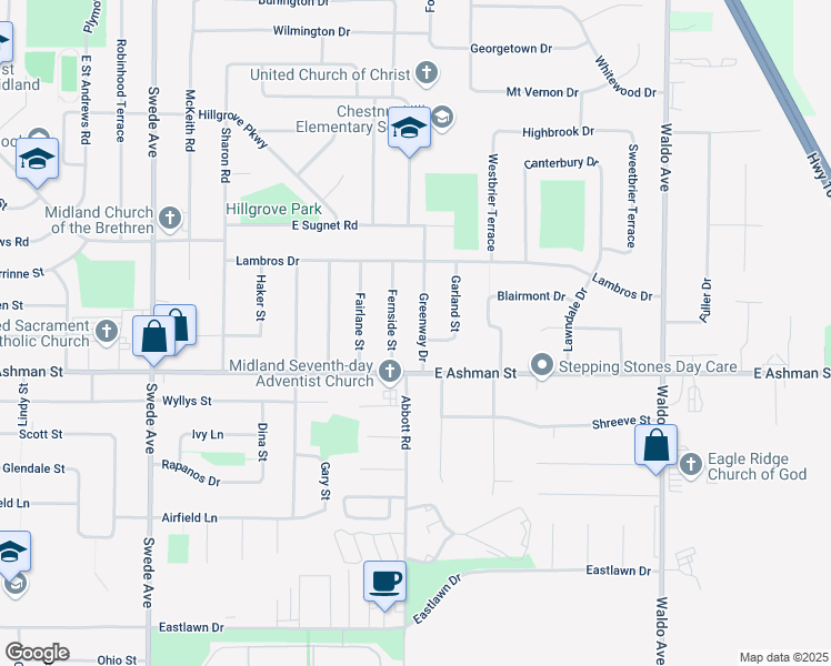 map of restaurants, bars, coffee shops, grocery stores, and more near 3202 Greenway Drive in Midland
