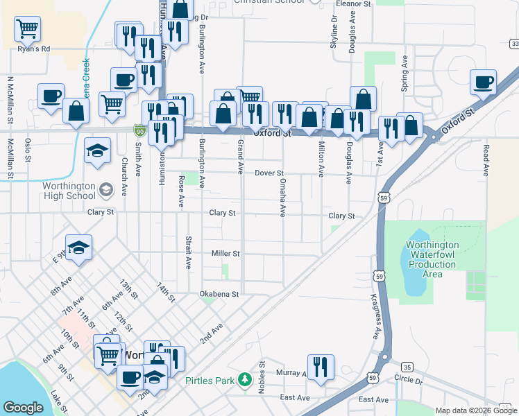 map of restaurants, bars, coffee shops, grocery stores, and more near 1619 Clary Street in Worthington